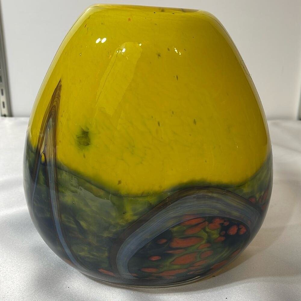 Signed Hand Blown  Glass Vase Yellow Blue Orange Oval By Romanian Artist - Picture 3 of 8
